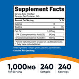 Etiqueta de Nutricost Omega-3 con cápsulas, énfasis en EPA y DHA para bienestar general.