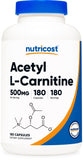 Nutricost Acetil L-Carnitina, botella de 180 capsulas, ideal para uso diario.
