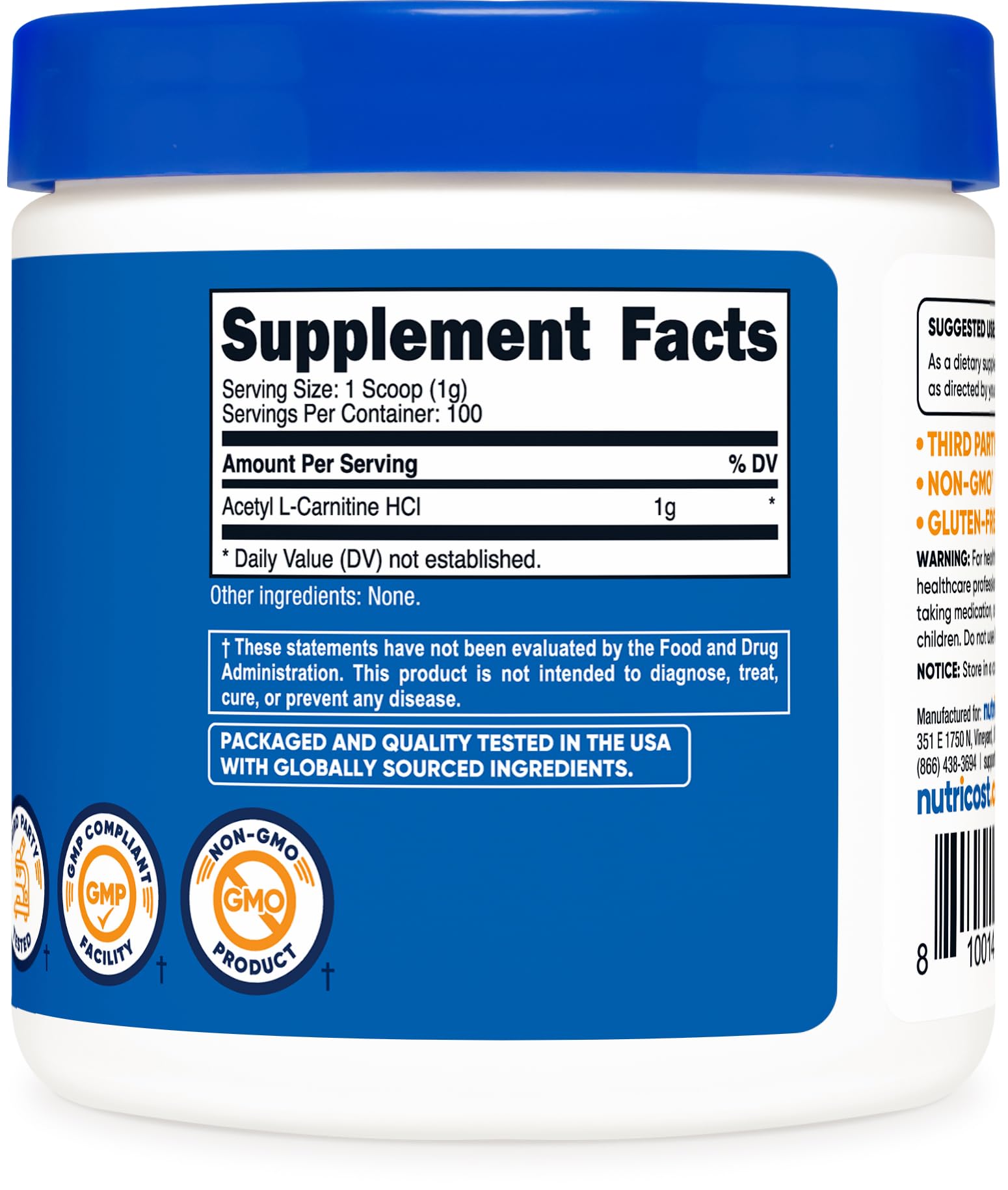 Sin gluten Nutricost Acetil L-Carnitina HCI apto para dietas