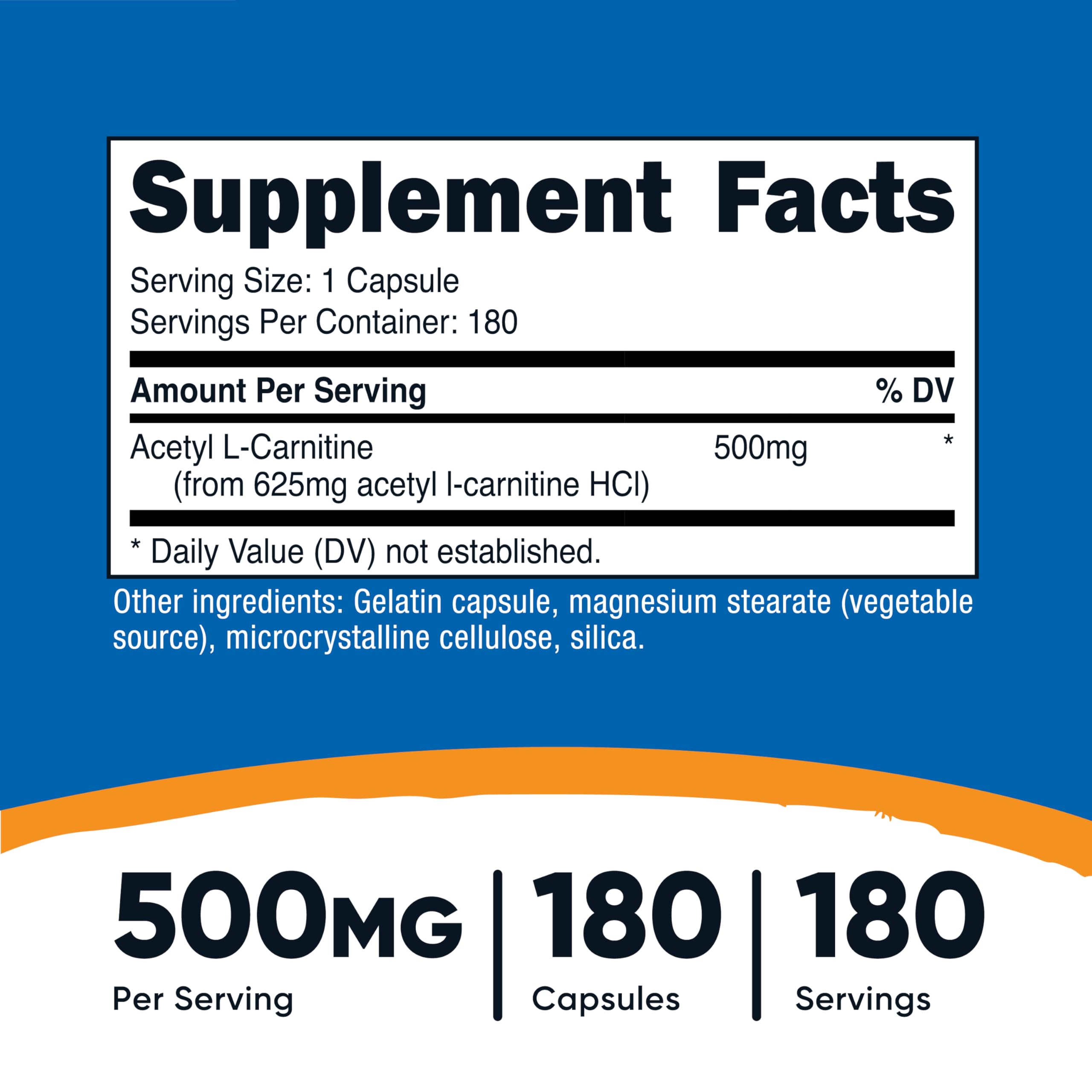 Capsula de Nutricost Acetil L-Carnitina (ALCAR) de 500 mg, facil de tomar.