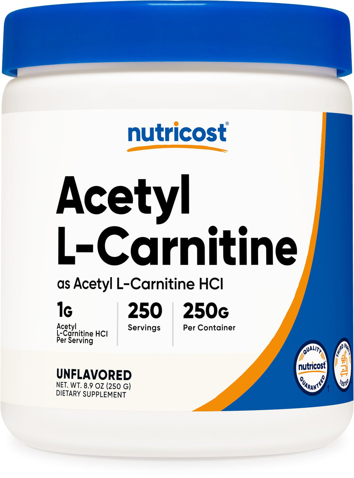 Nutricost Acetil L-Carnitina polvo, porción de 1 g para energía diaria.