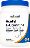 Nutricost Acetil L-Carnitina polvo puro para mezcla fácil y uso diario.