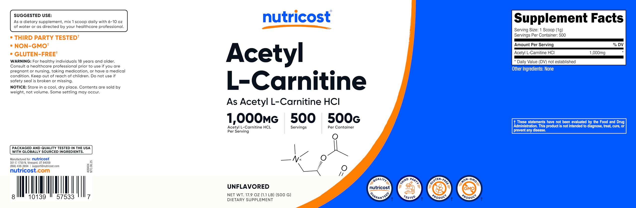 Pote de 500 g de Nutricost ALCAR para conveniencia diaria.
