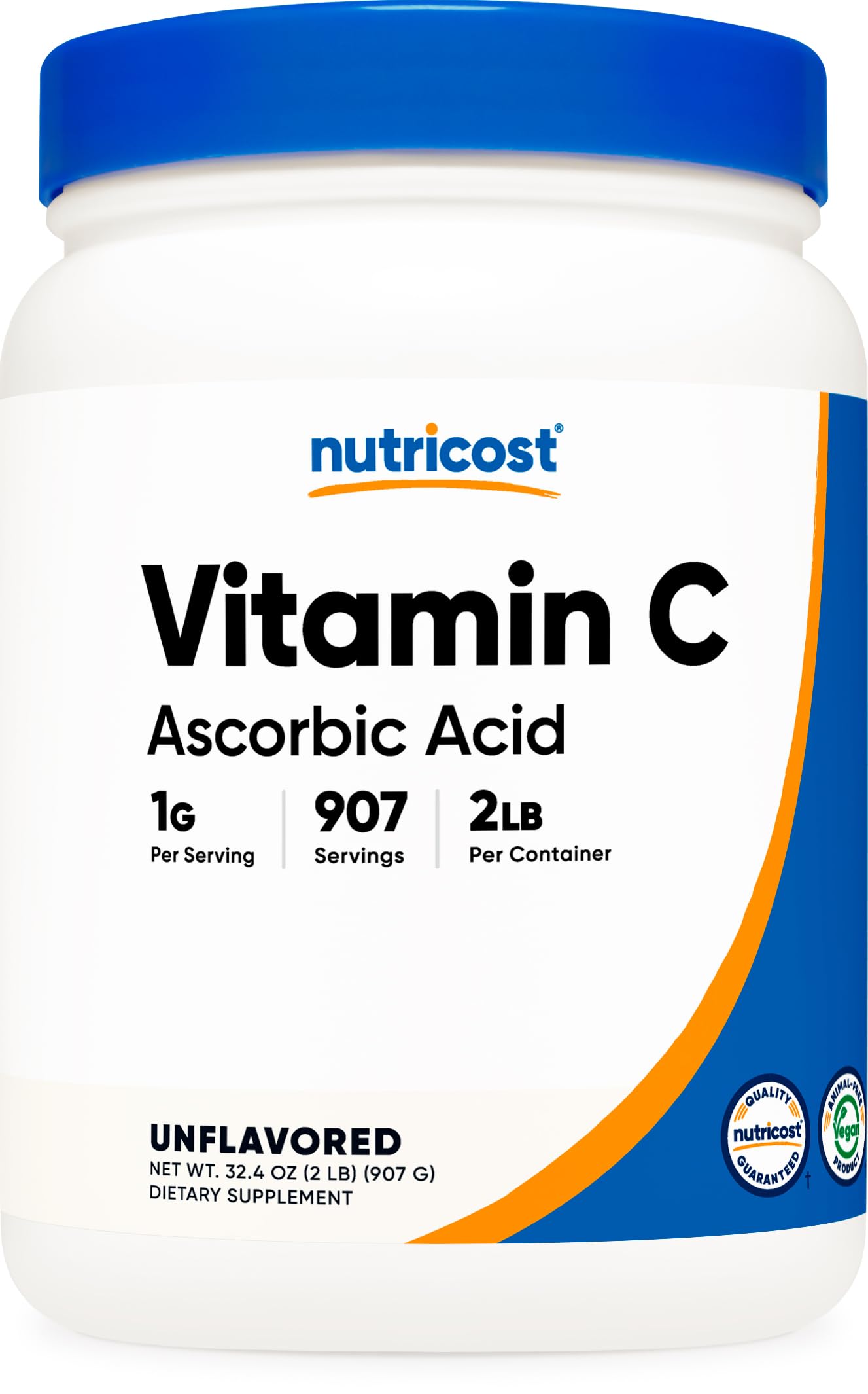 Nutricost ácido ascórbico polvo en bote con tapa blanca para dosis diaria