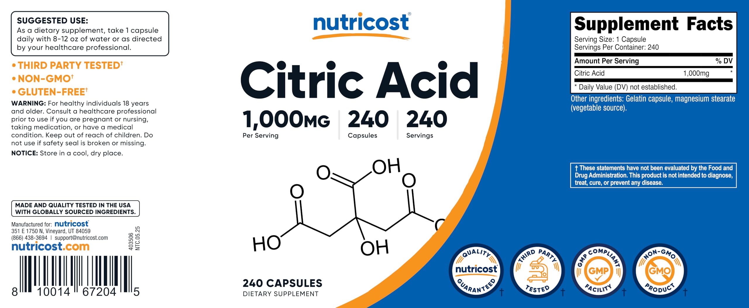 Nutricost ácido cítrico, botella con tapa para almacenamiento seguro.