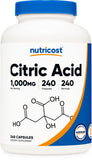 Nutricost ácido cítrico cápsulas, frasco práctico para uso diario.