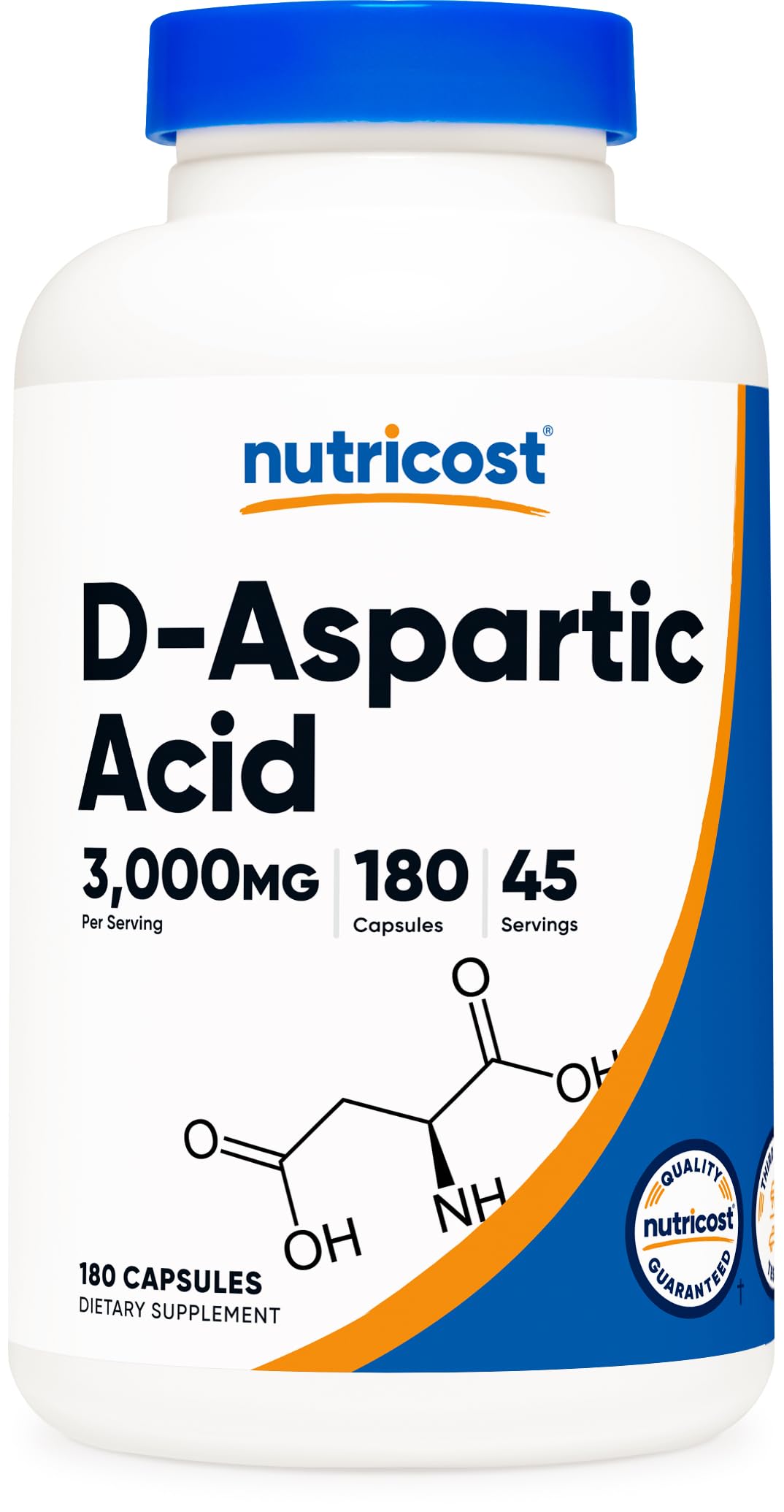Nutricost ácido D-aspártico en cápsulas, porción de 3000 mg, posible apoyo a la energía diaria.