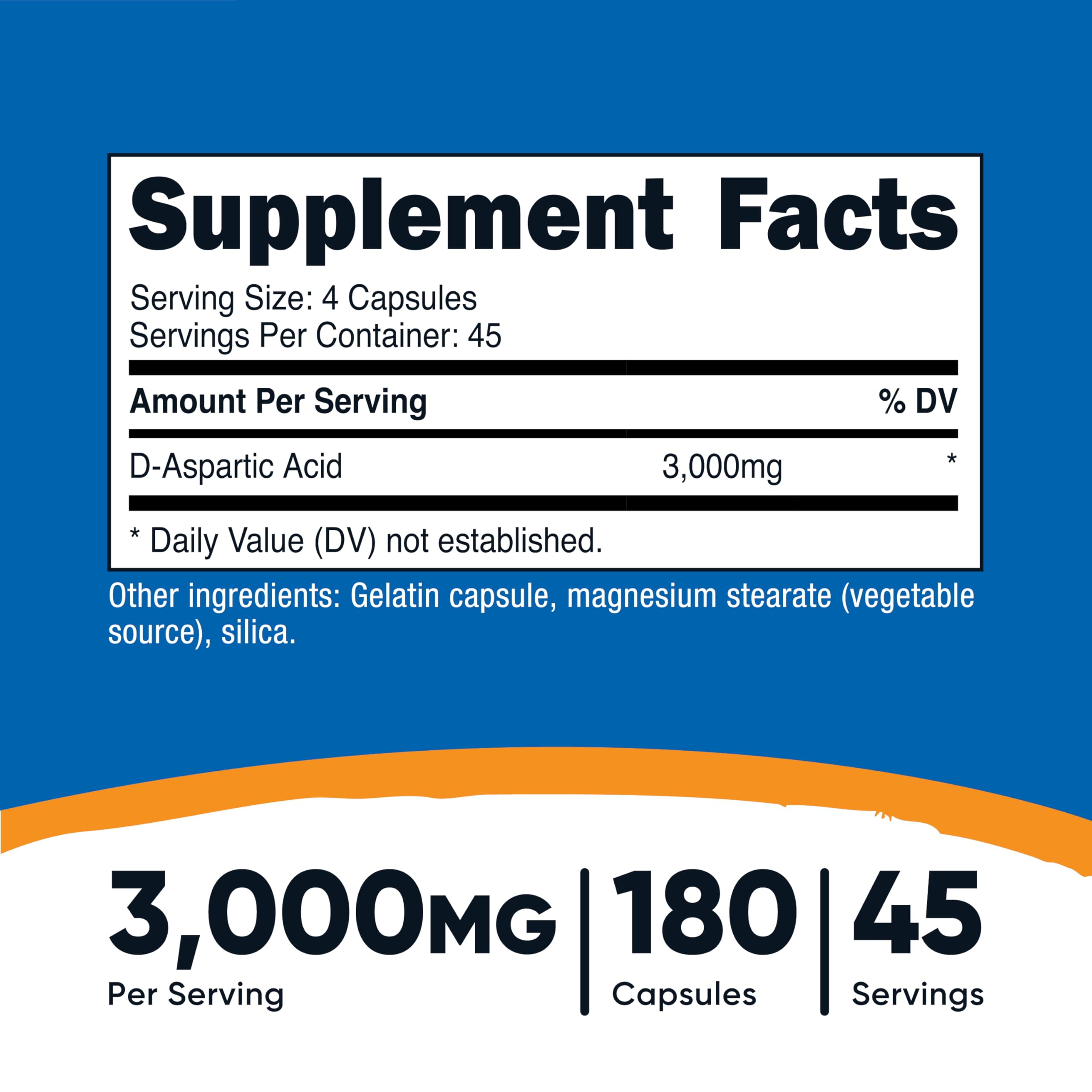 Nutricost ácido D-aspártico cápsulas, 750 mg por cápsula, dosis estable para uso diario.