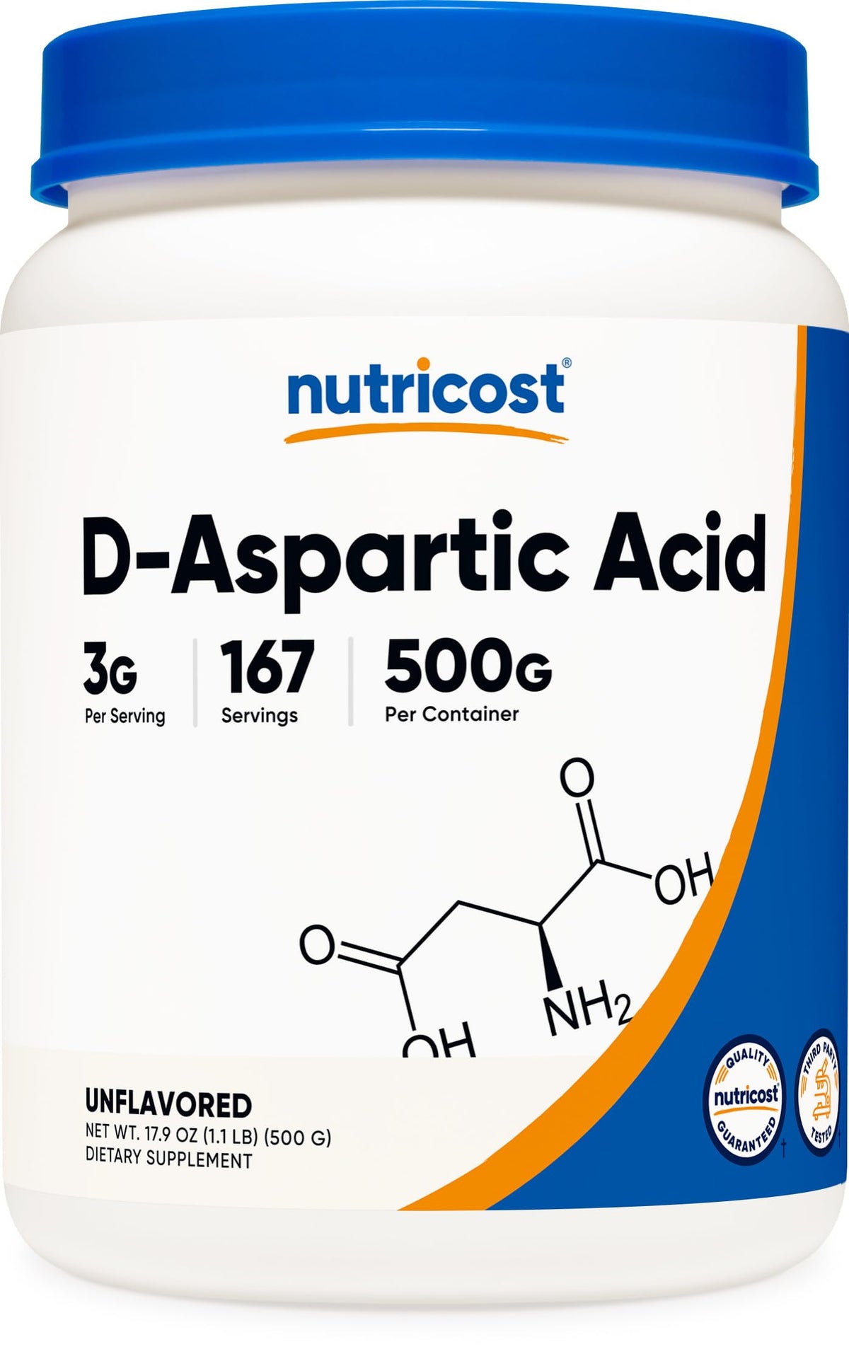 nutricost ácido d-aspártico en polvo, bote que revela su pureza