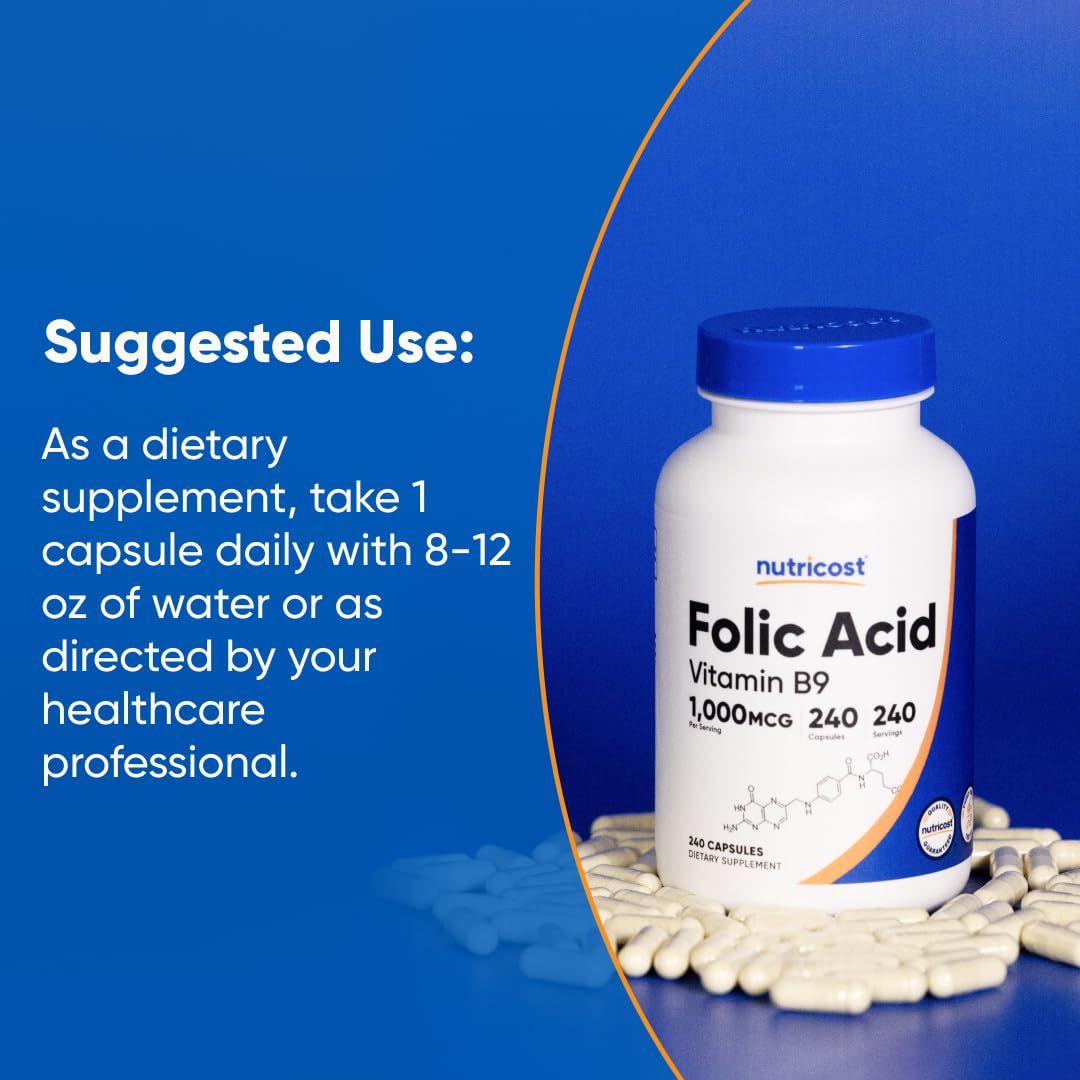 Nutricost ácido fólico 1000 mcg, caja ilustrada, ideal para planificar una rutina
