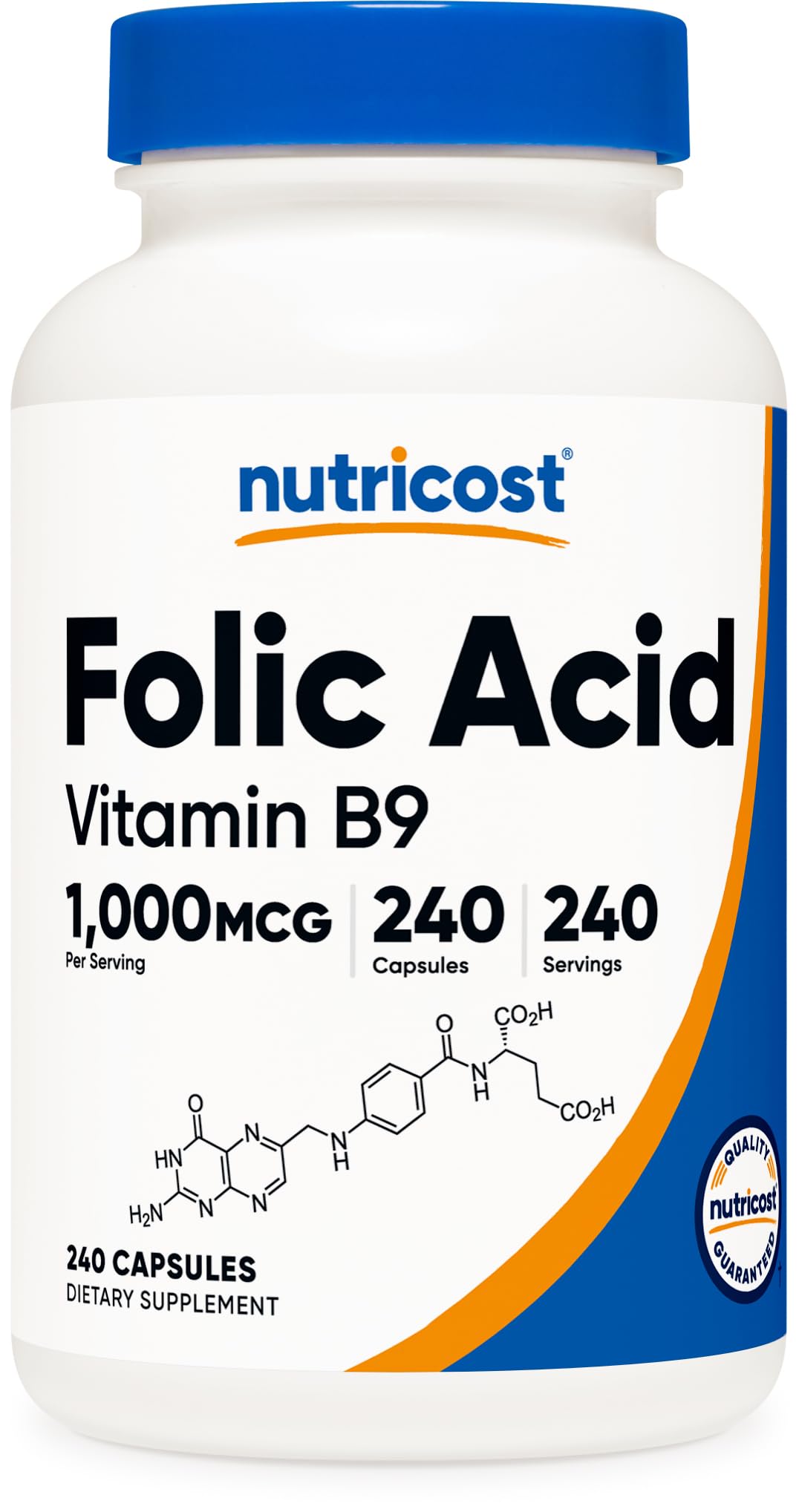 Nutricost ácido fólico 1000 mcg, etiqueta frontal, apoyo diario para la salud