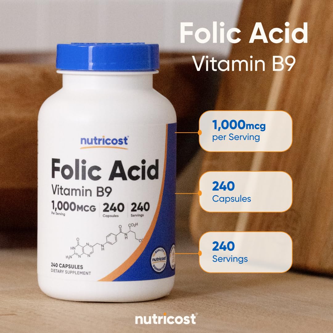 Nutricost ácido fólico 1000 mcg, cápsulas brillantes, conveniente para el día