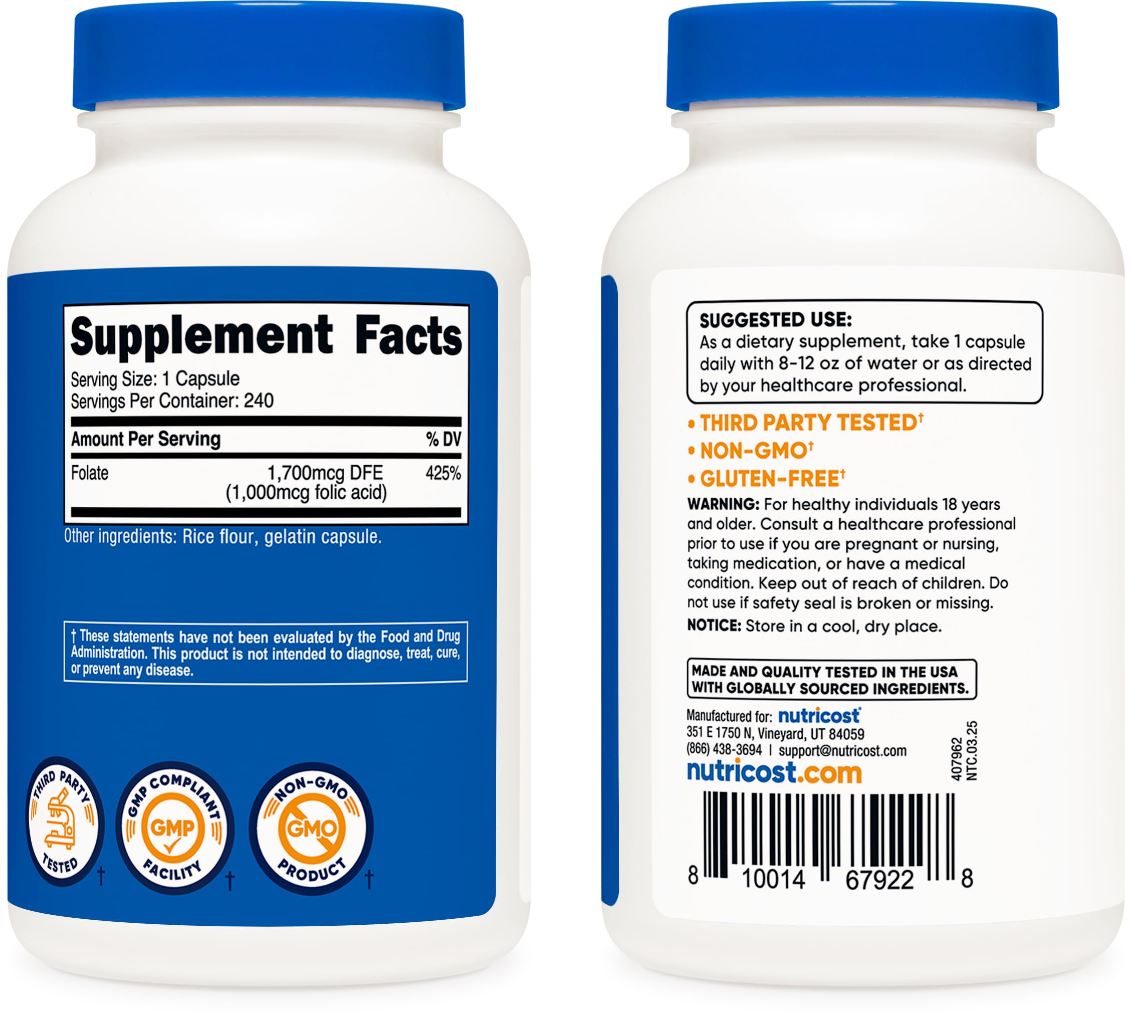 Nutricost ácido fólico 1000 mcg, envase visible, facilita la toma diaria