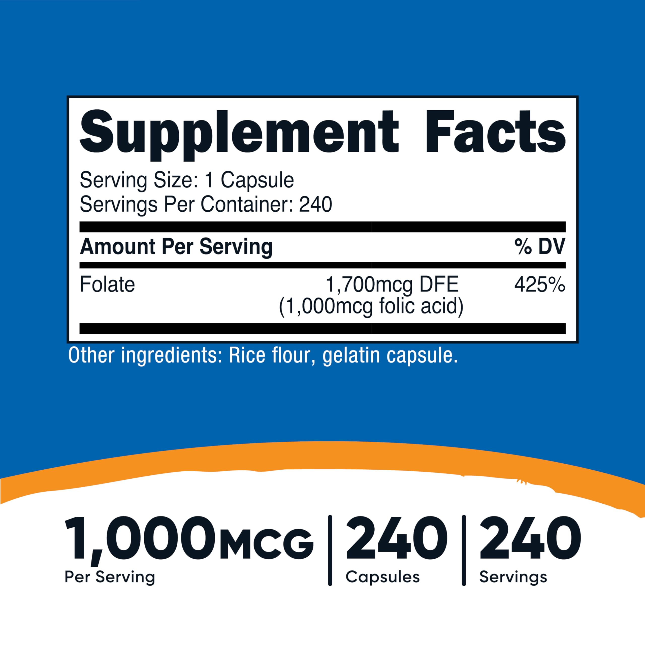 Nutricost ácido fólico 1000 mcg, cápsulas, etiqueta lateral para fácil identificación