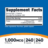 Nutricost ácido fólico 1000 mcg, cápsulas, etiqueta lateral para fácil identificación