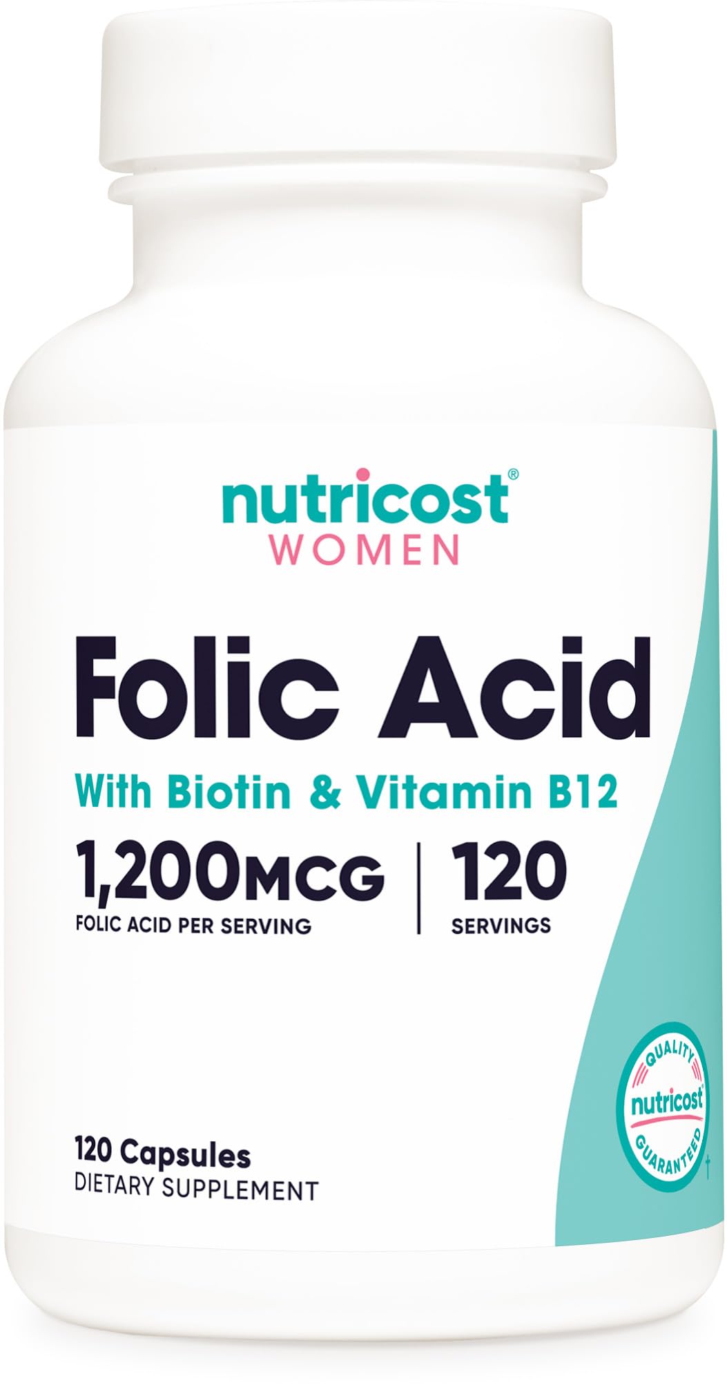 Nutricost acido ff3lico para mujeres, botella visible, apoyo al bienestar diario