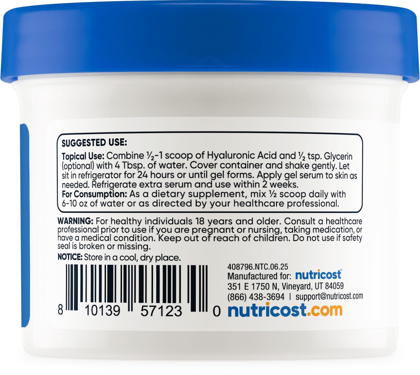 Nutricost ácido hialurónico etiqueta NSF GMP, garantía de calidad