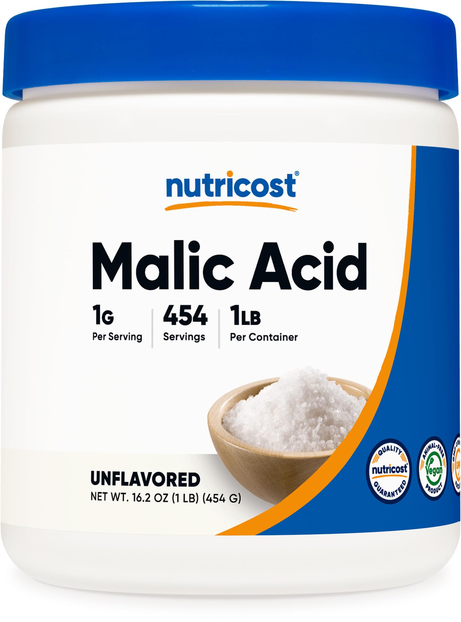 Nutricost ácido málico polvo frente de la botella, realza sabores en bebidas