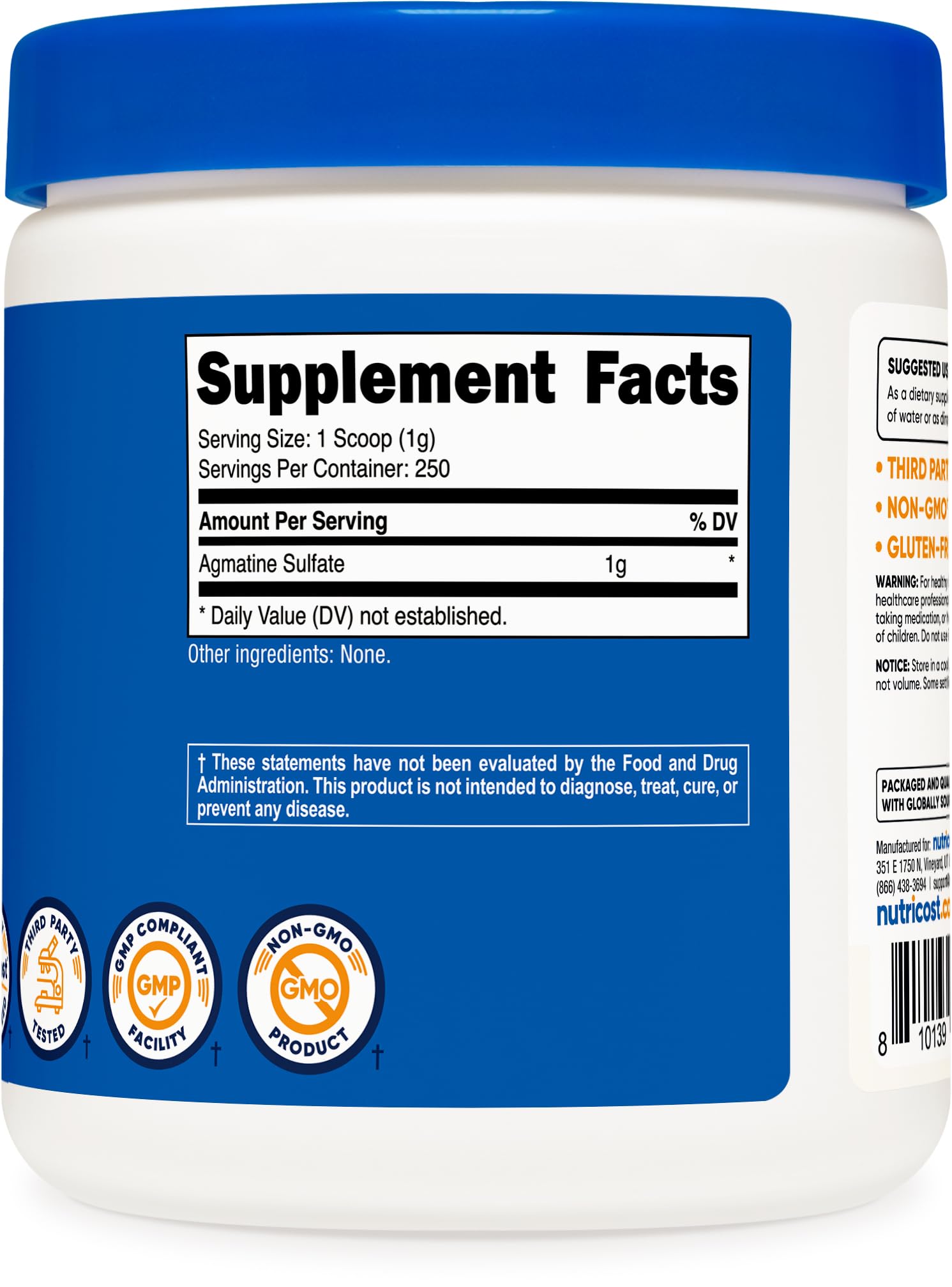 Nutricost Agmatina Sulfato, fabricación con certificaciones NSF, GMP y FDA