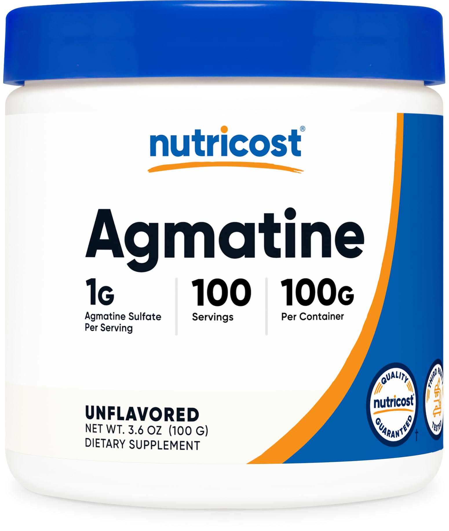 Nutricost Agmatine: polvo de 100 g en bote para suplementación diaria.