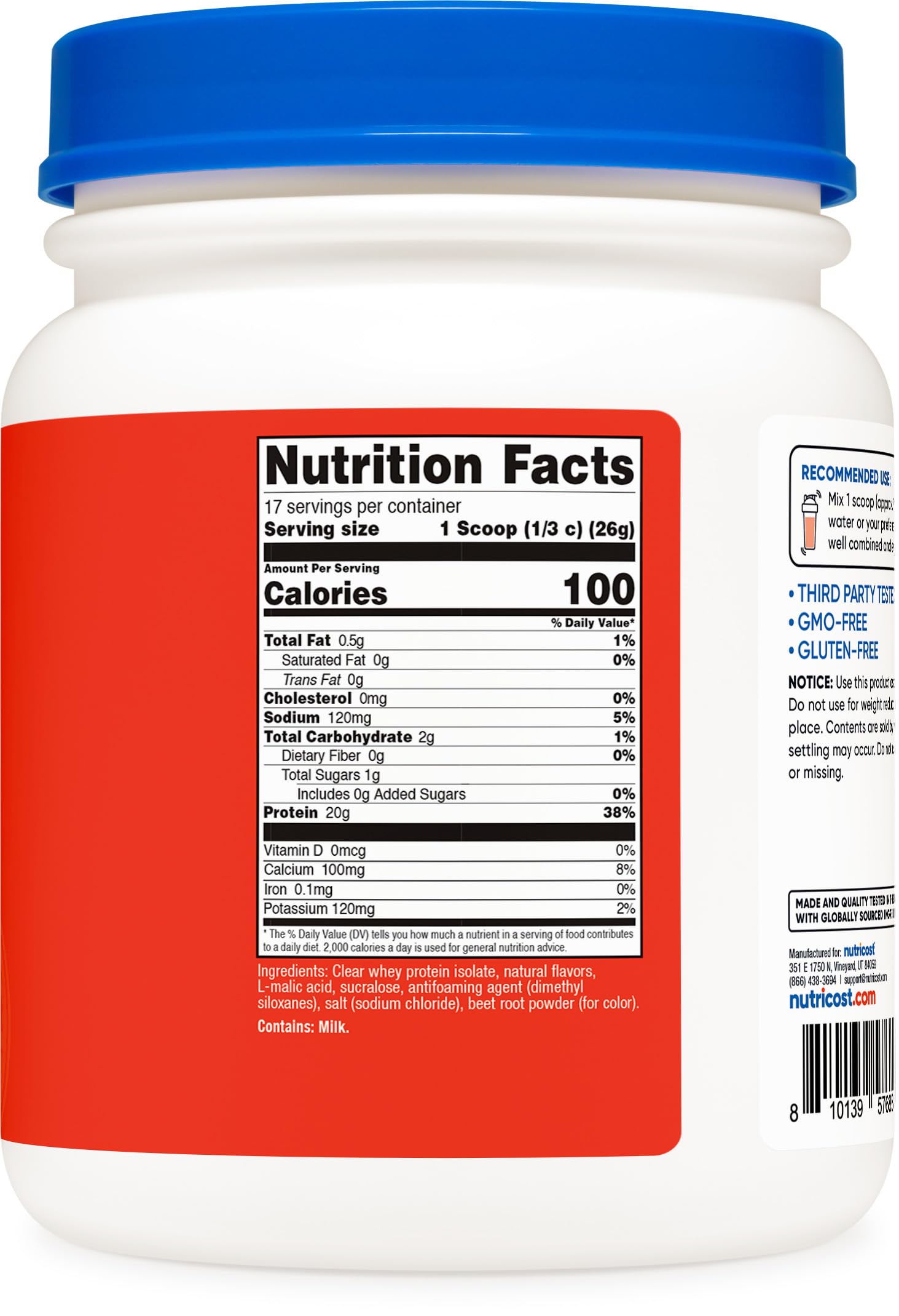 Cuchara medidora de Nutricost Aislado de Suero Claro lista para porciones controladas.