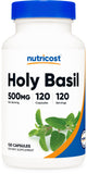 Nutricost albahaca sagrada cápsulas 500 mg, botella lista para uso diario.