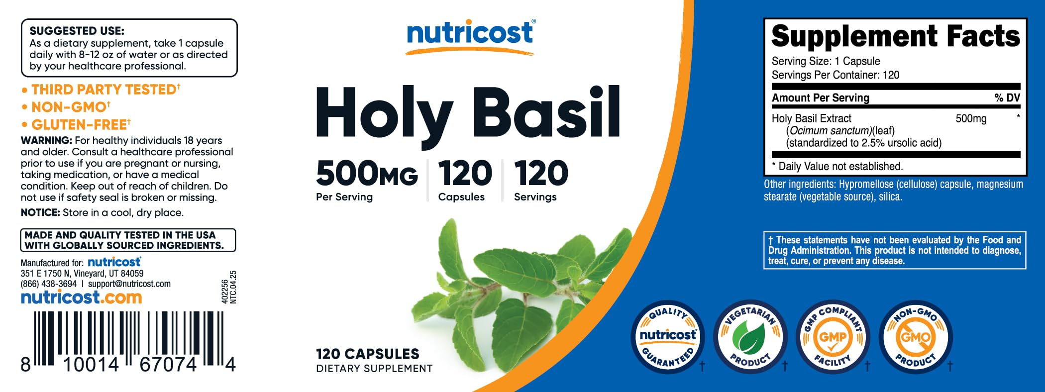 Nutricost albahaca sagrada cápsulas con antioxidantes para bienestar diario.