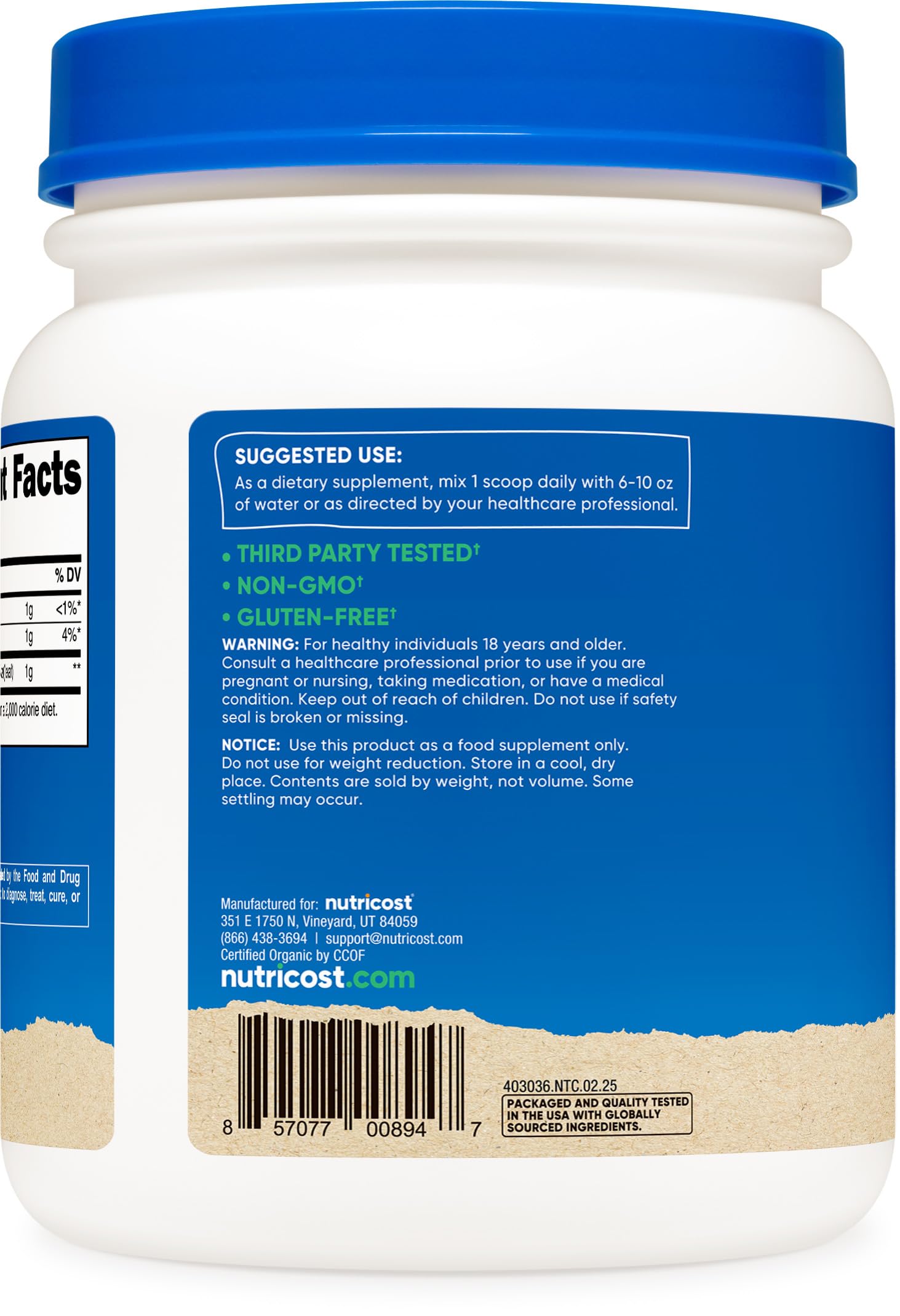 Nutricost Alfalfa etiqueta sin OMG para batidos veganos