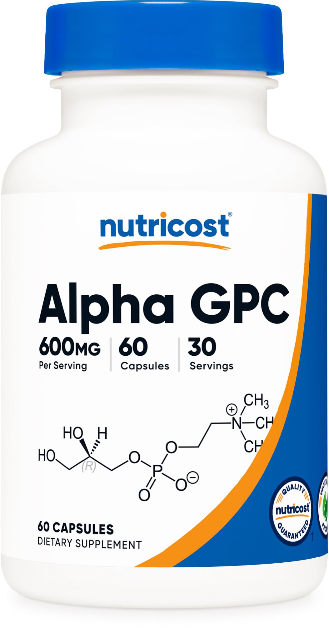 Frasco Nutricost Alpha GPC 600mg con cápsulas, fácil de incluir en tu día.