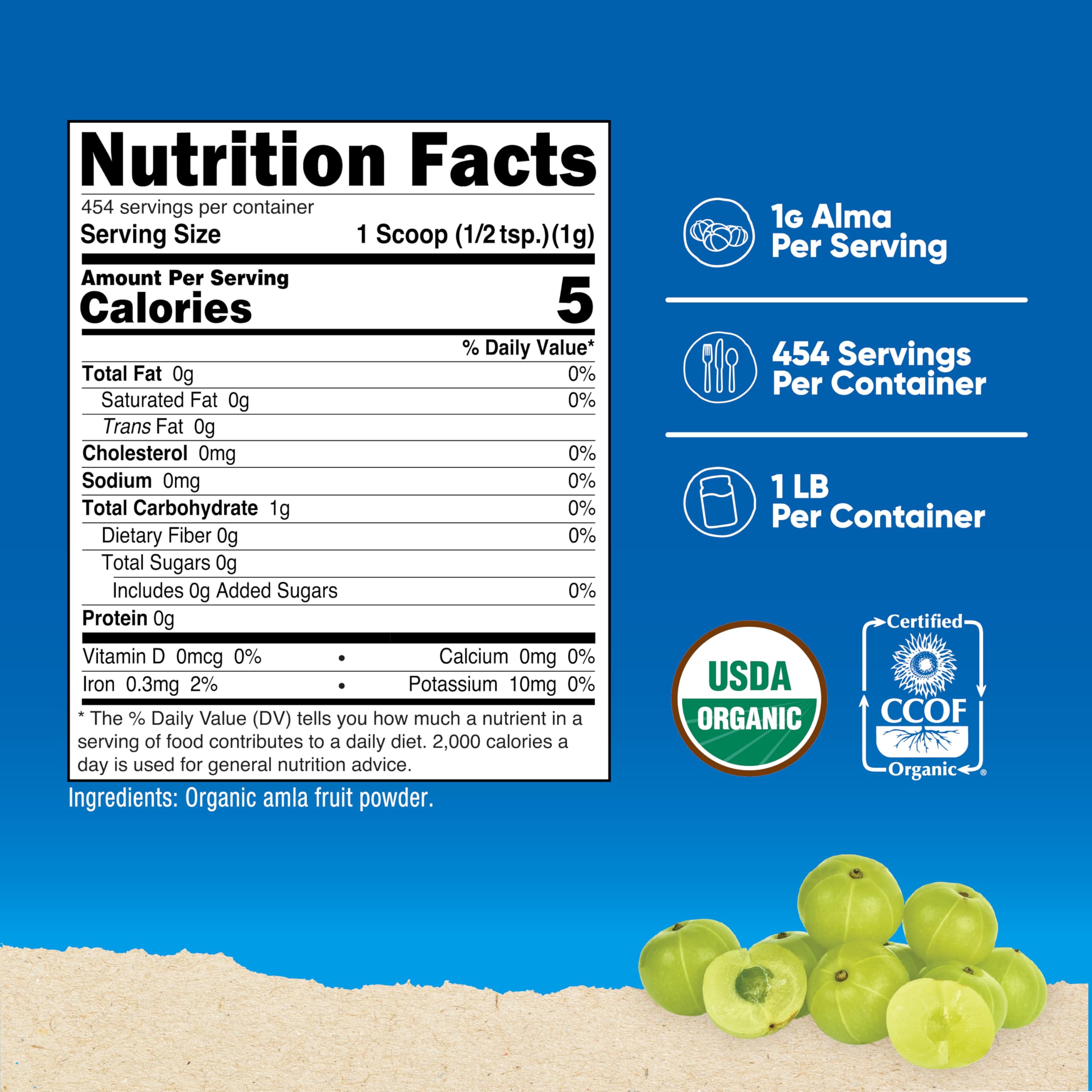 Nutricost Amla en polvo sin sabor, fácil de mezclar en bebidas y recetas.