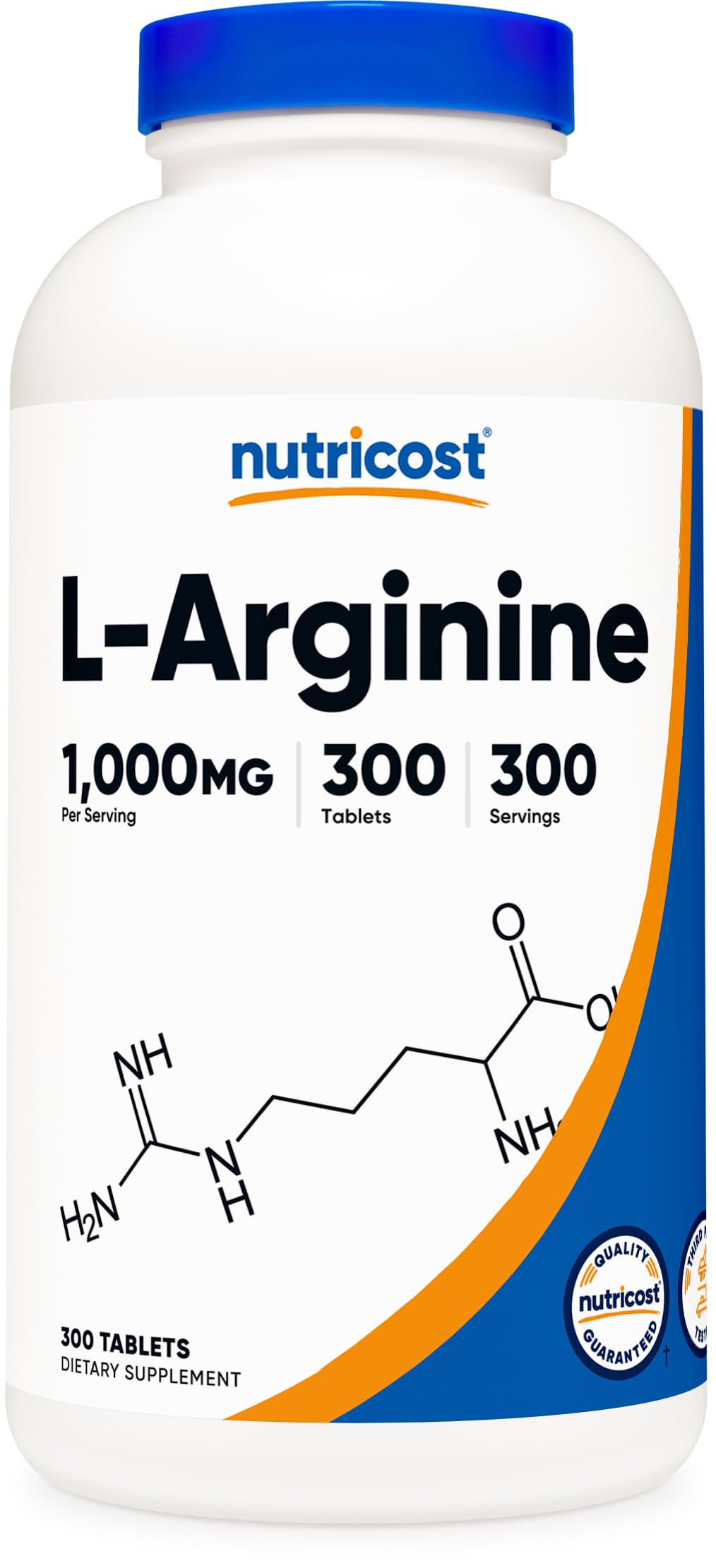 Nutricost L-Arginina 1000mg, etiqueta frontal de la botella, dosis clara para cada toma.