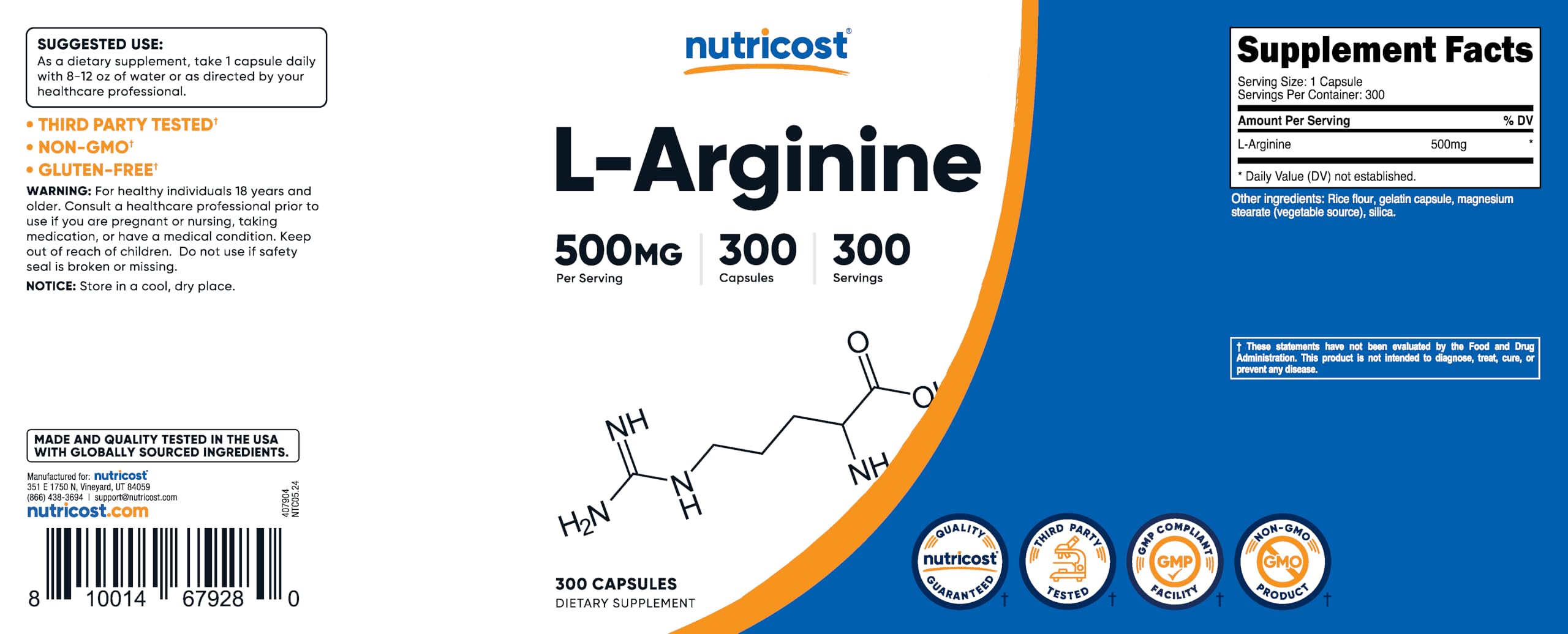 Nutricost Arginina 500mg cápsulas sin OGM para quienes buscan opciones libres de modificación genética