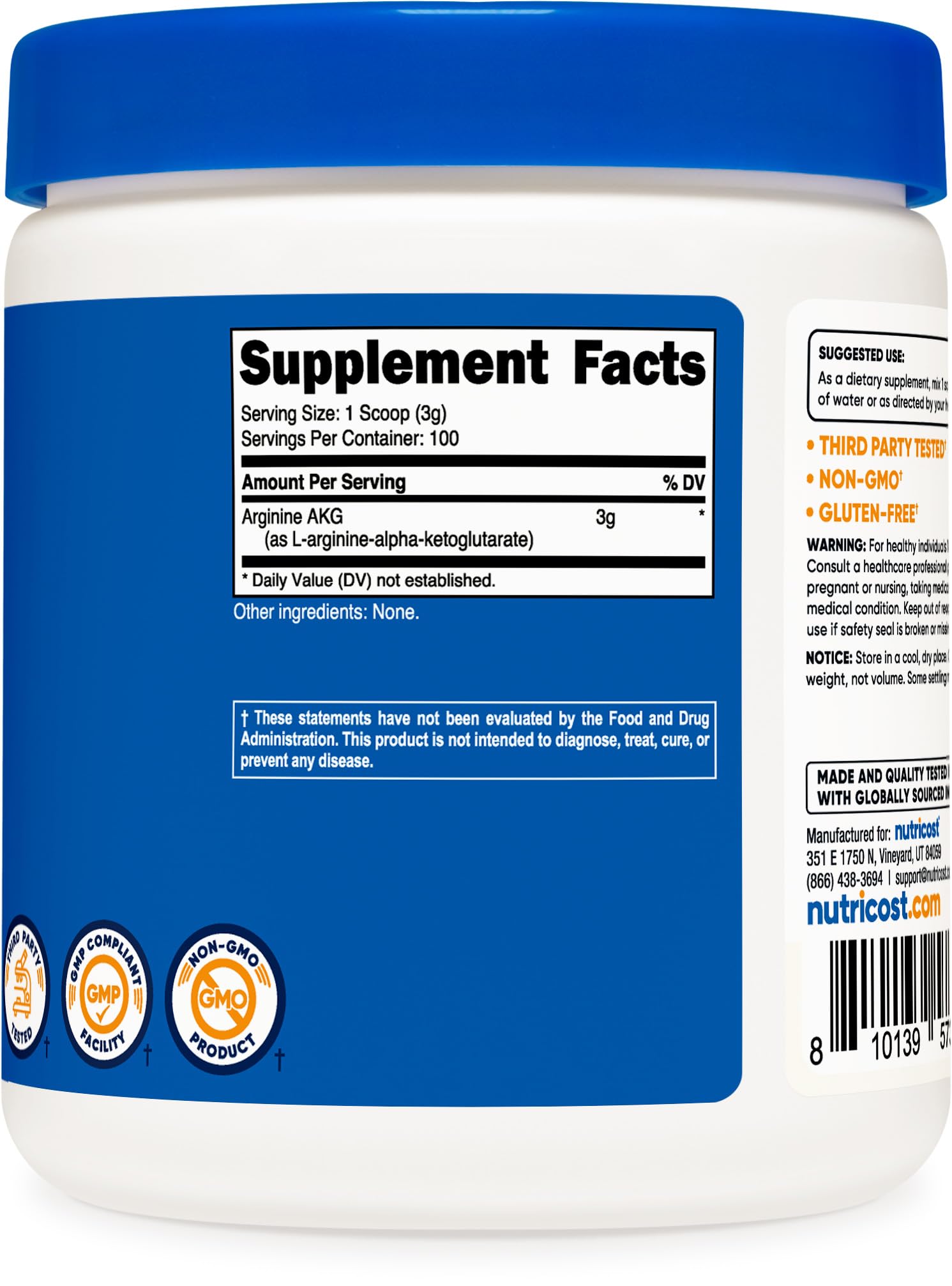 Nutricost Arginina AKG ingrediente premium, pensado para apoyar tu régimen deportivo.