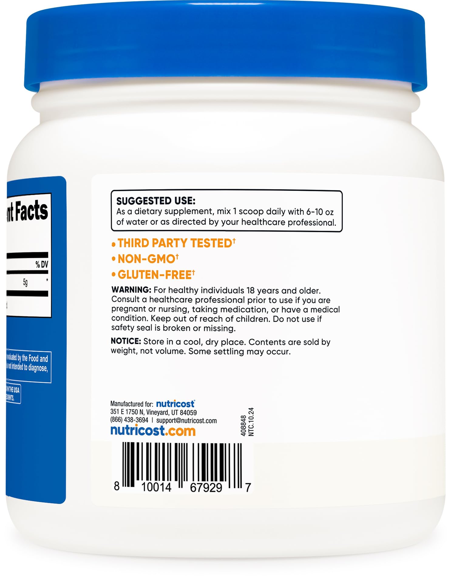 Nutricost L-Arginina en polvo, detalle de etiqueta, pureza