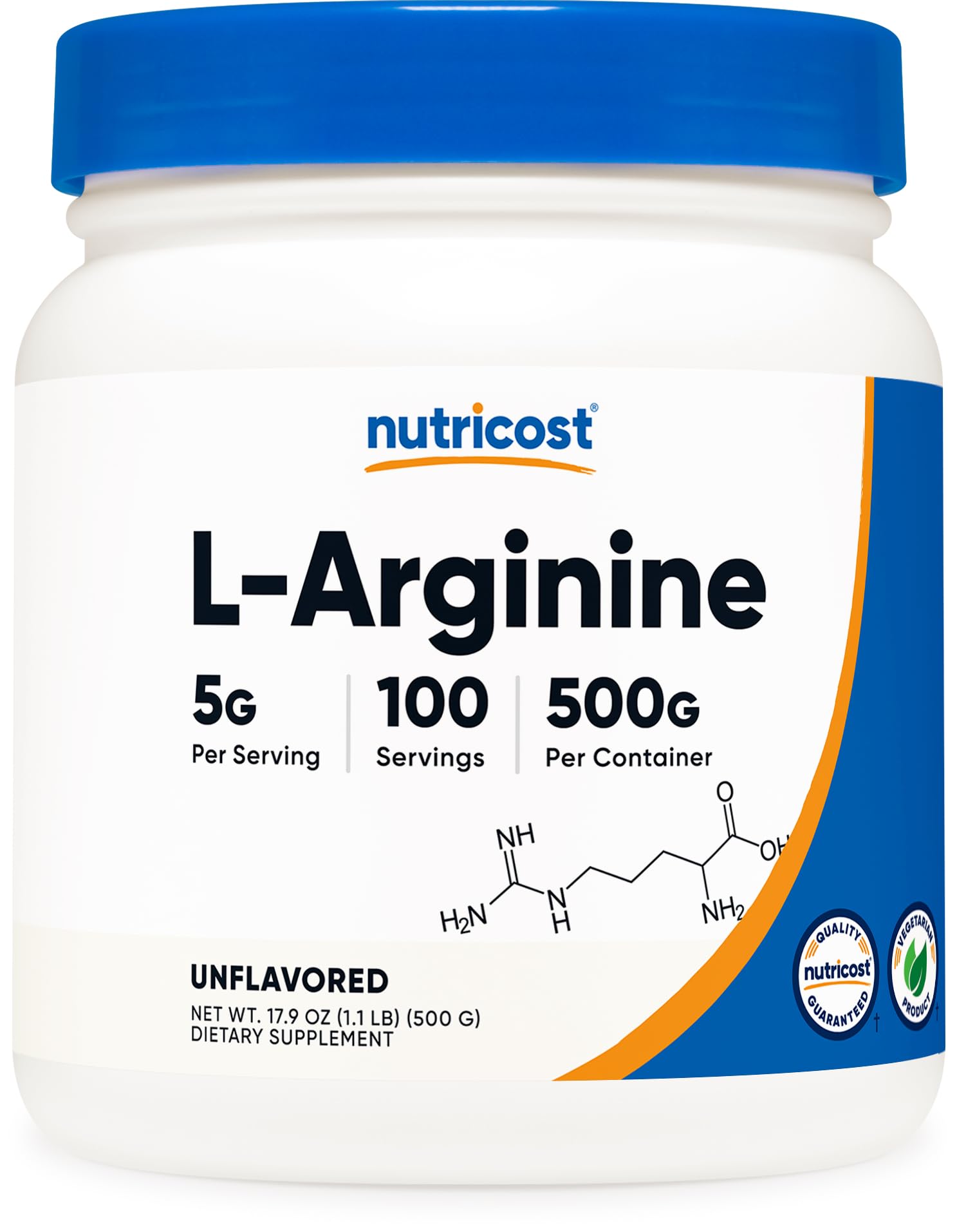 Nutricost L-Arginina en polvo, frente del envase, posible apoyo al rendimiento