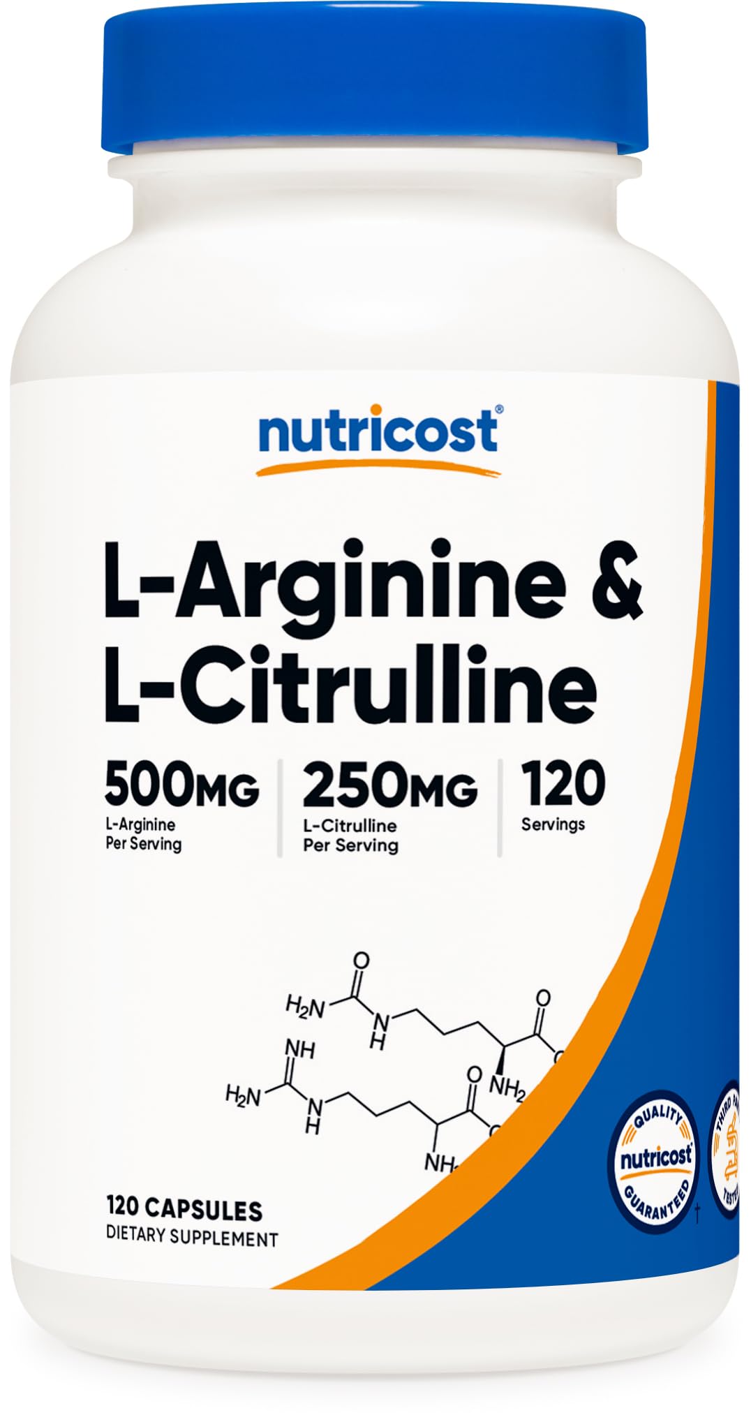 Nutricost Arginina L Citrulina Complex, botella visible, soporte al rendimiento diario.