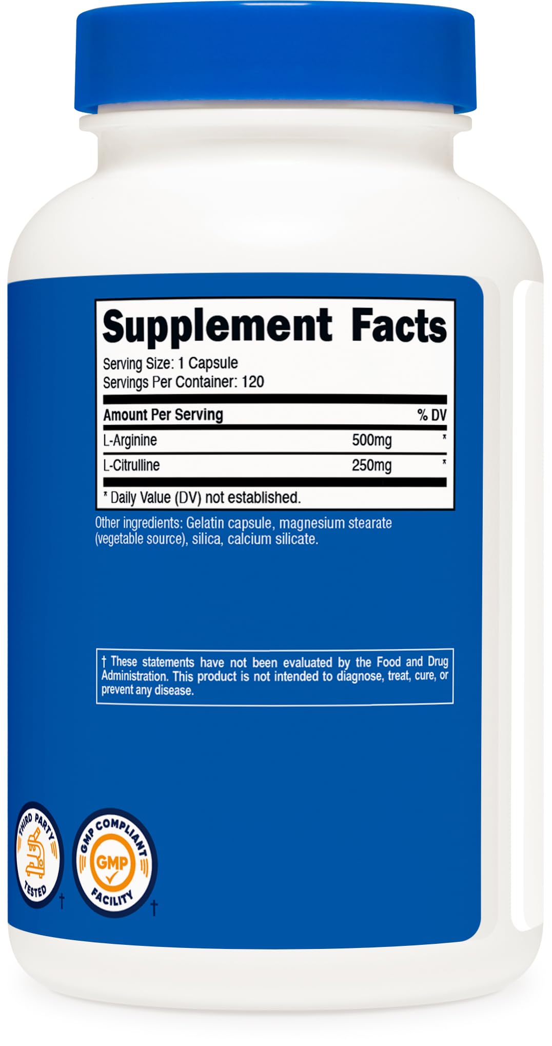 Nutricost Arginina L Citrulina Complex, sello GMP y sin OGM, calidad verificada.