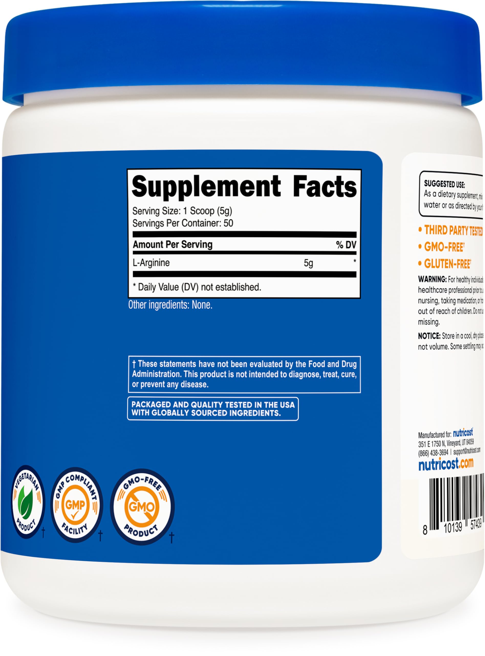 Nutricost L-Arginina pruebas ISO aseguran consistencia y pureza.
