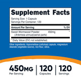 Nutricost Artemisa 450 mg, cápsulas apiladas para la rutina diaria.