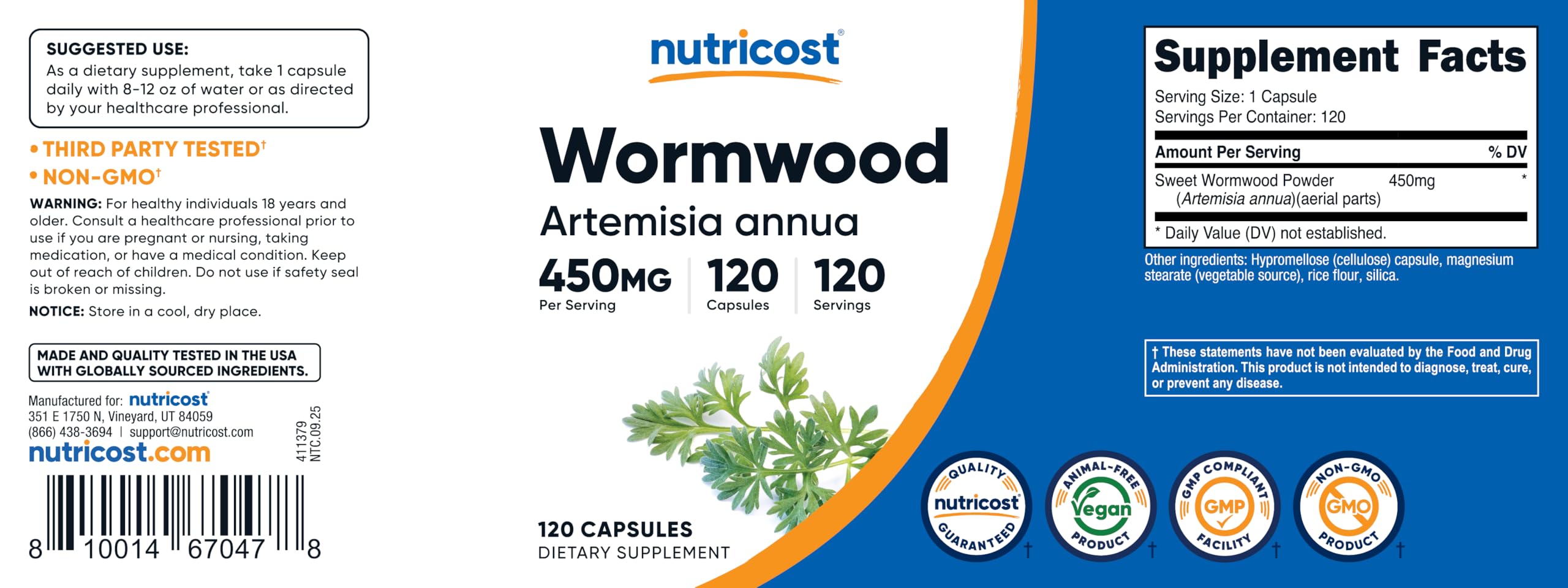 Certificaciones de calidad de Nutricost Artemisa 450 mg para consumo responsable.