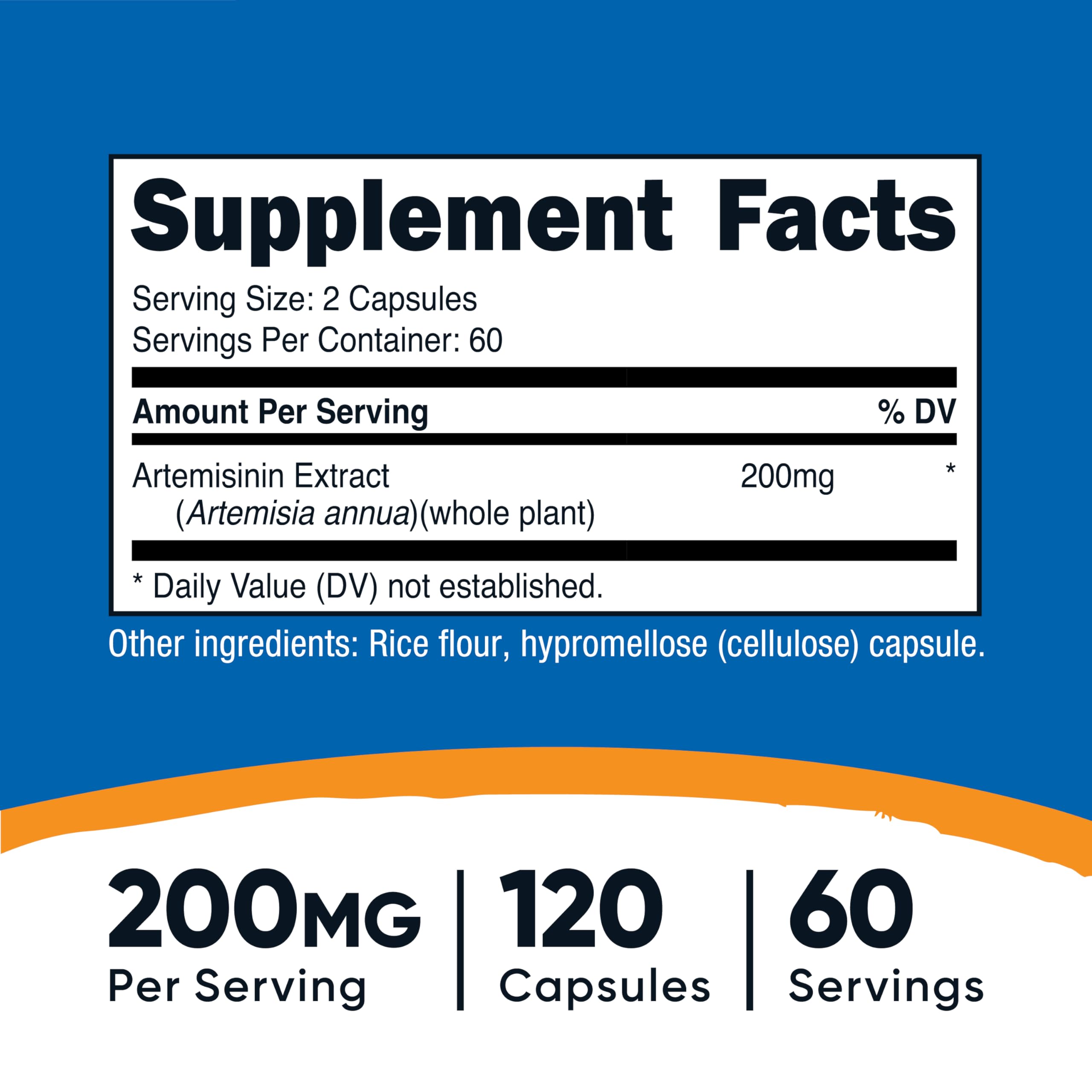 Nutricost Artemisinina 200 mg, botella trasera, verificación de calidad y pureza.