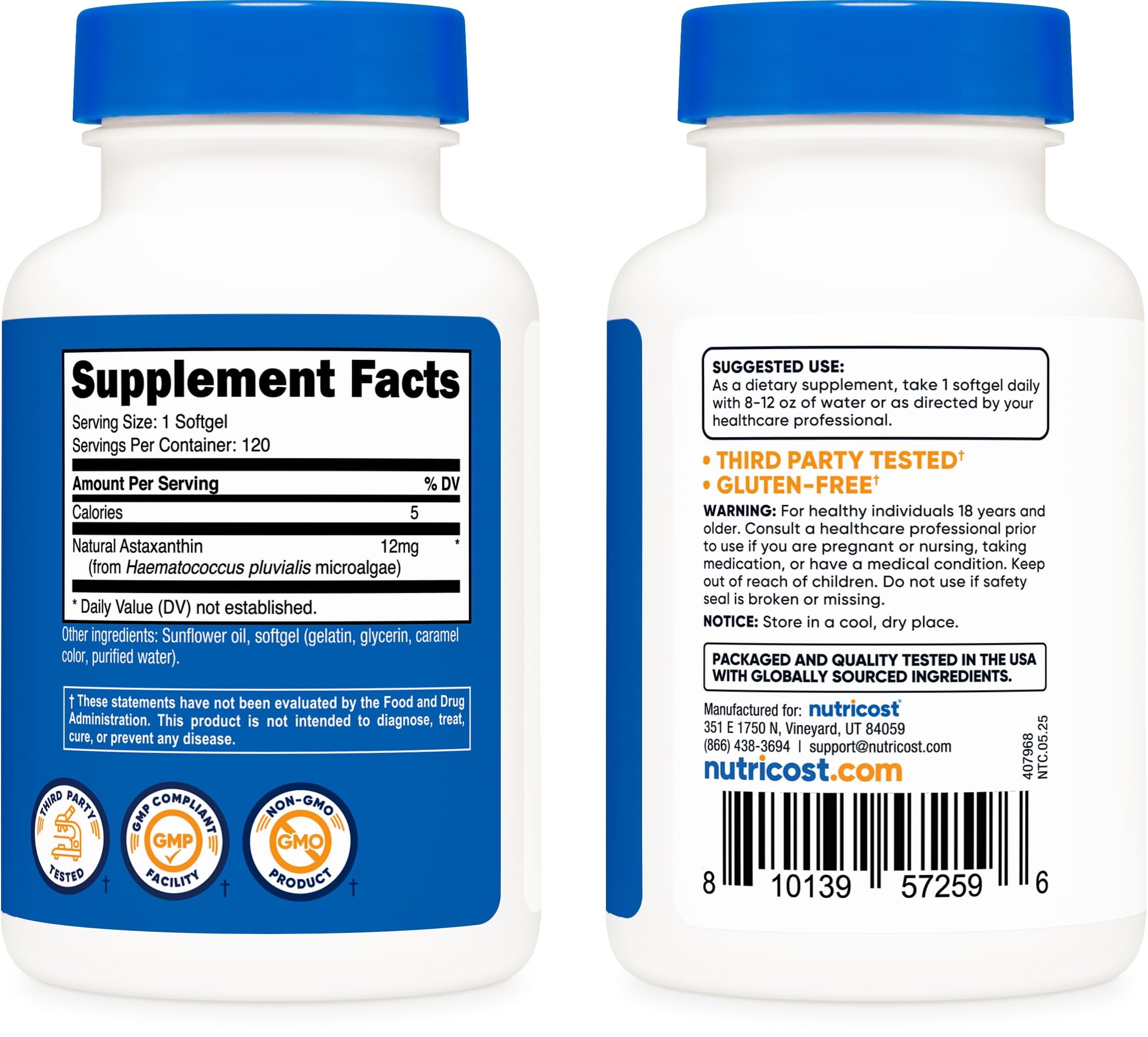 Nutricost Astaxantina 12mg cápsulas en mano: tamaño práctico para uso diario.