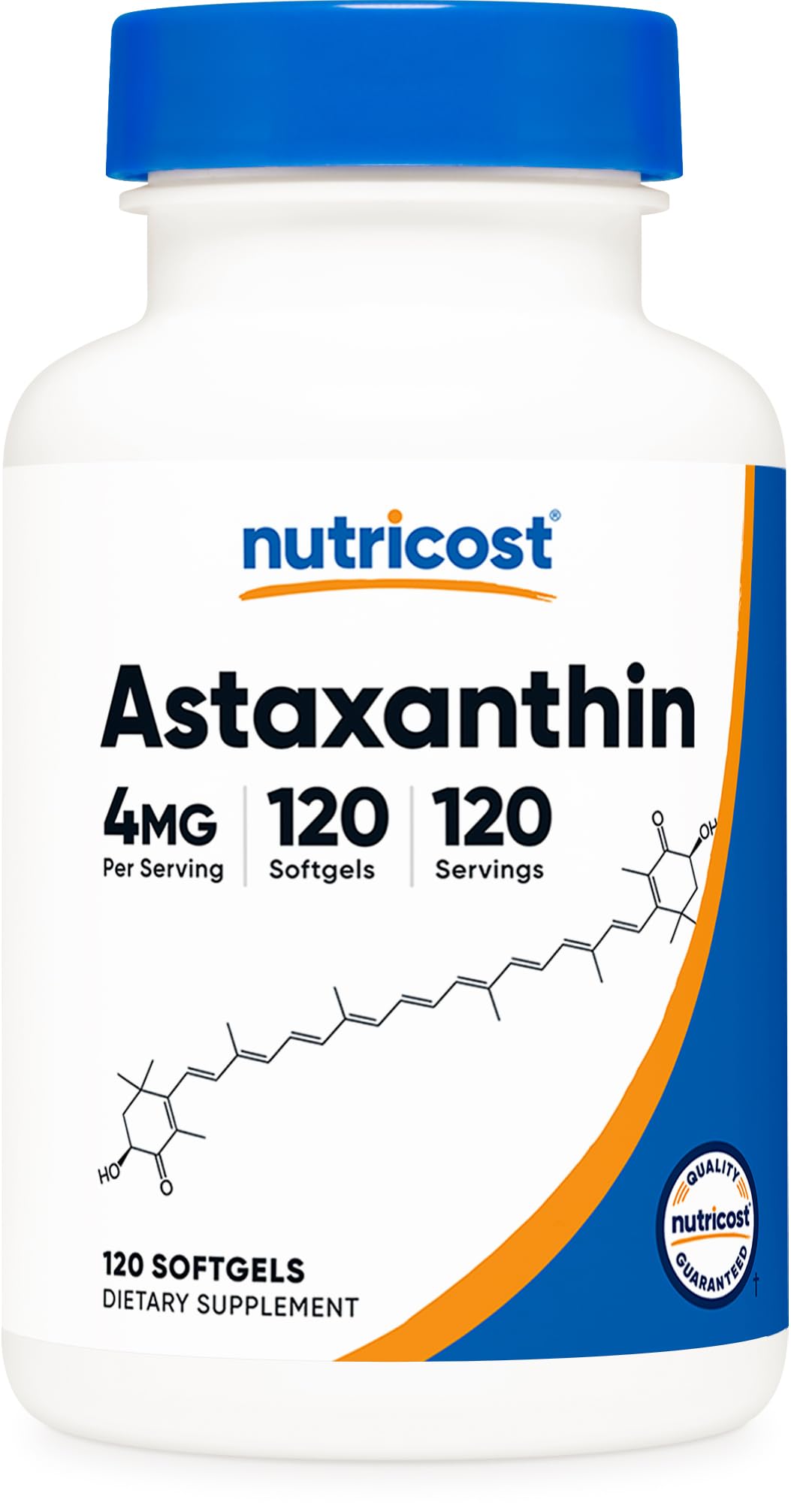 Nutricost Astaxantina 4mg en botella de cápsulas para uso diario cómodo.