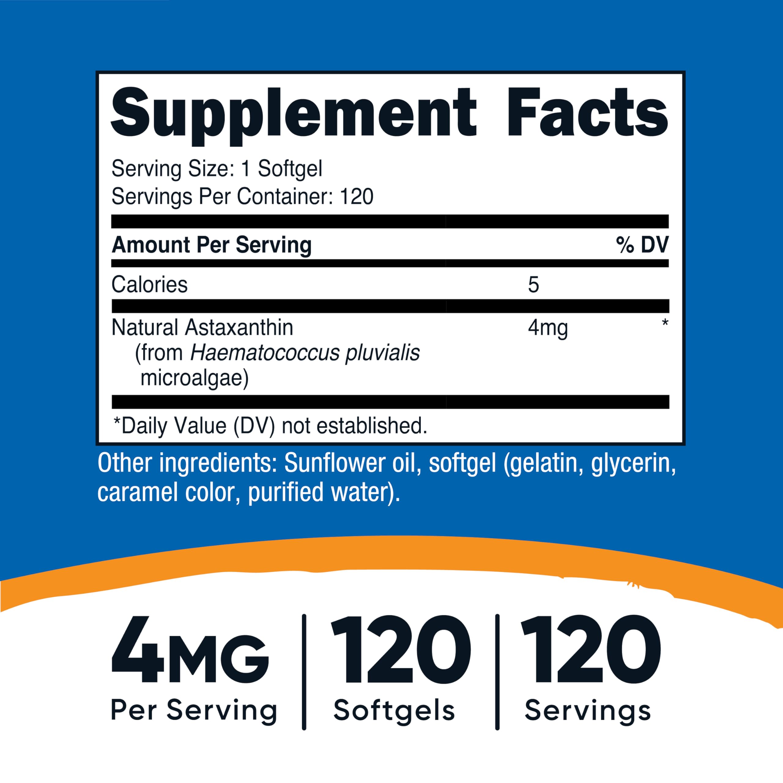 Etiqueta frontal de Nutricost Astaxantina 4mg destaca calidad y origen natural.