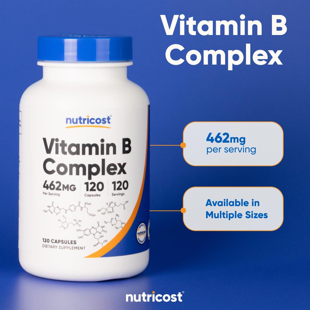 Nutricost B Complex cápsulas cerca: formato vegetariano fácil de identificar.