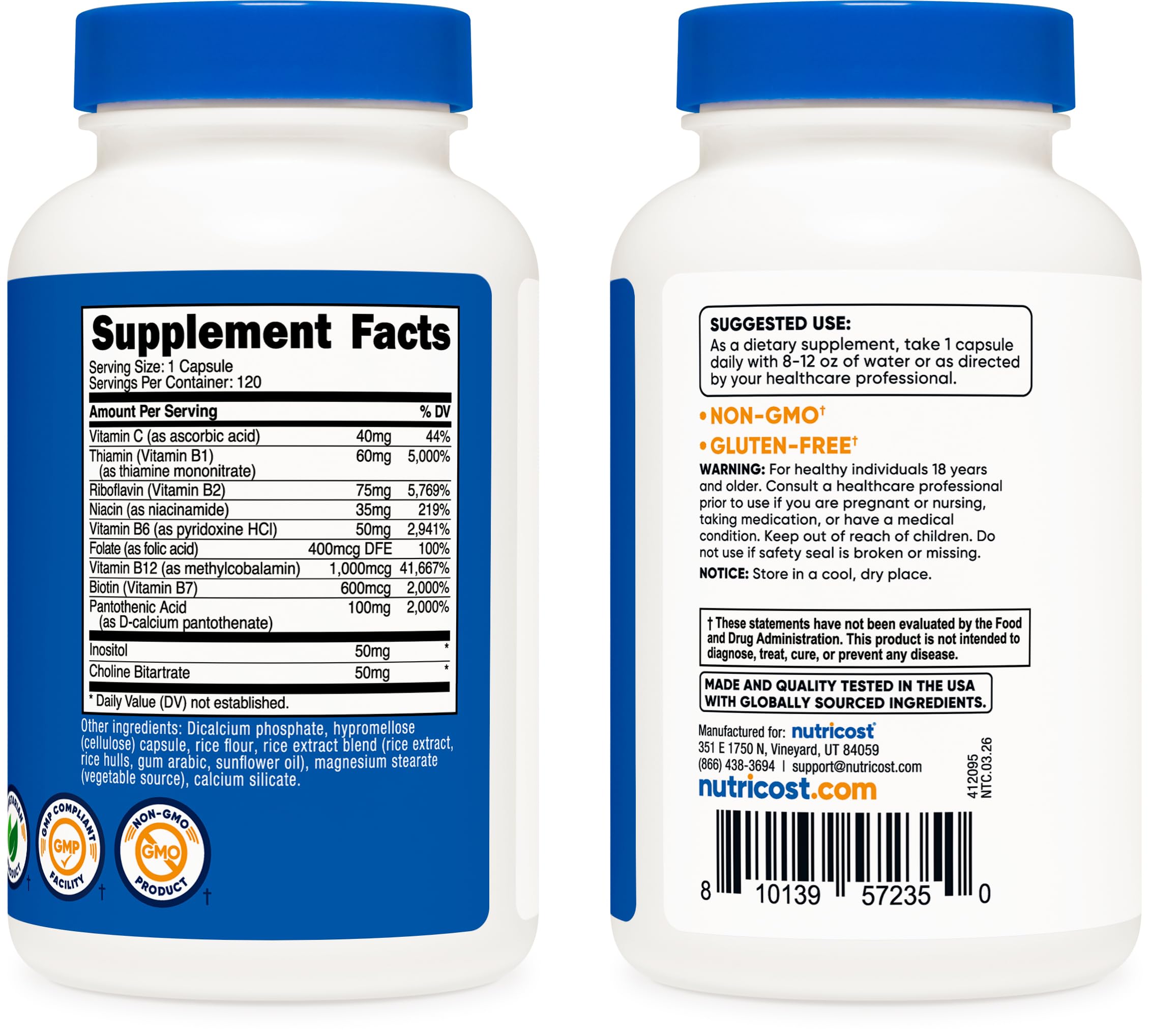 Nutricost B Complex cápsulas en mano: toma diaria fácil.