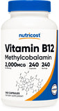 Nutricost B12 botella frontal, suplemento vegetariano para energía diaria.