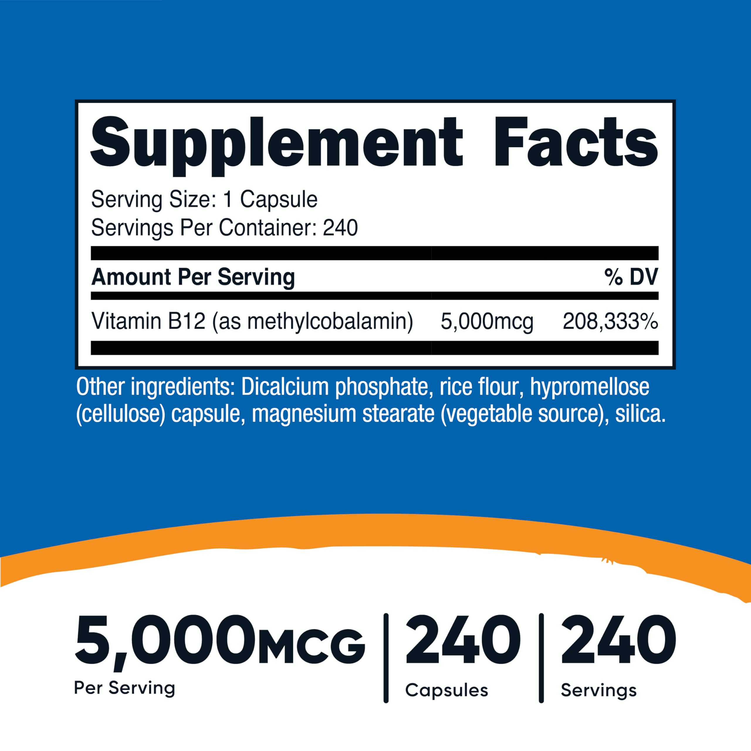 Nutricost B12, etiqueta detalle, indica 5000 mcg por porción para ingesta concentrada.