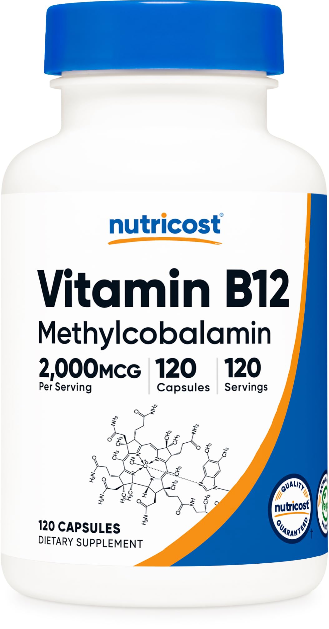 Nutricost B12 methylcobalamina, bote de cápsulas, posible ayuda al metabolismo energético