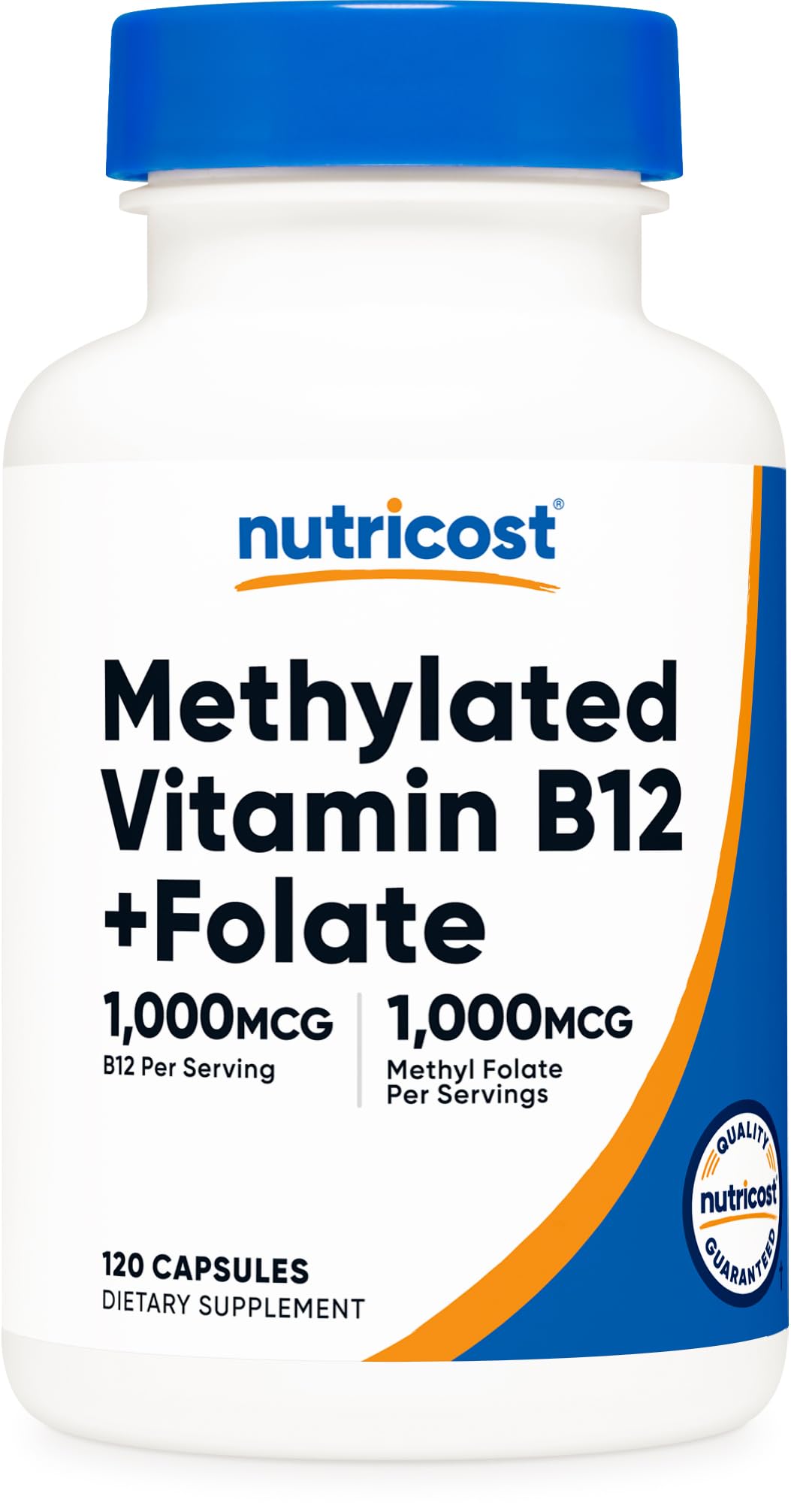 Nutricost B12 Metilado y Folato, botella de cápsulas para uso diario
